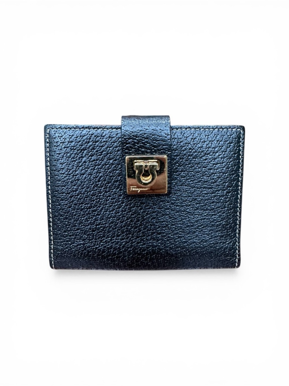 Salvatore Ferragamo Gancini Black Leather Compact Wallet  Card Holder